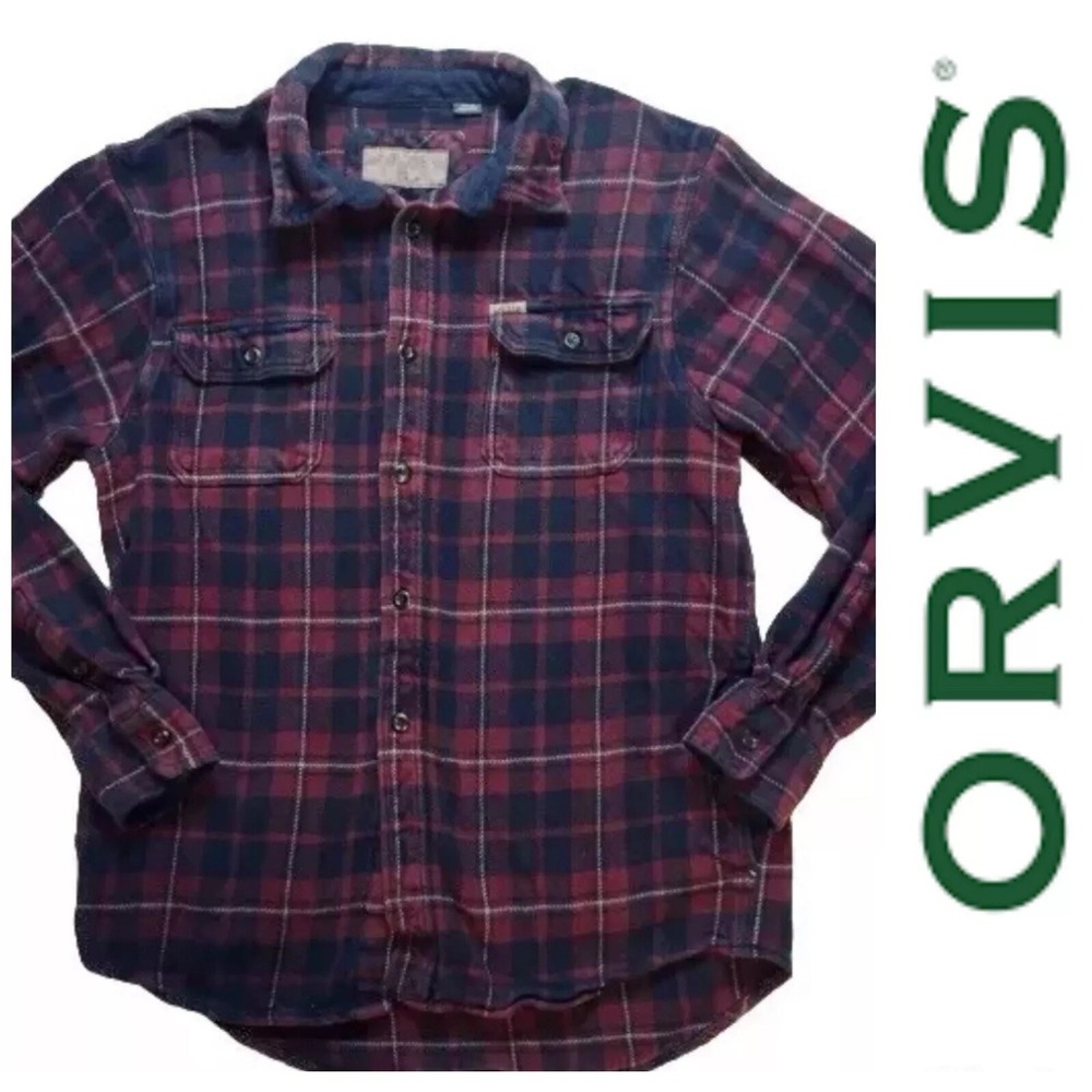 Orvis Heavy Weight Flannel Shirt Jacket with Pockets Men's Medium Plaid Maroon
